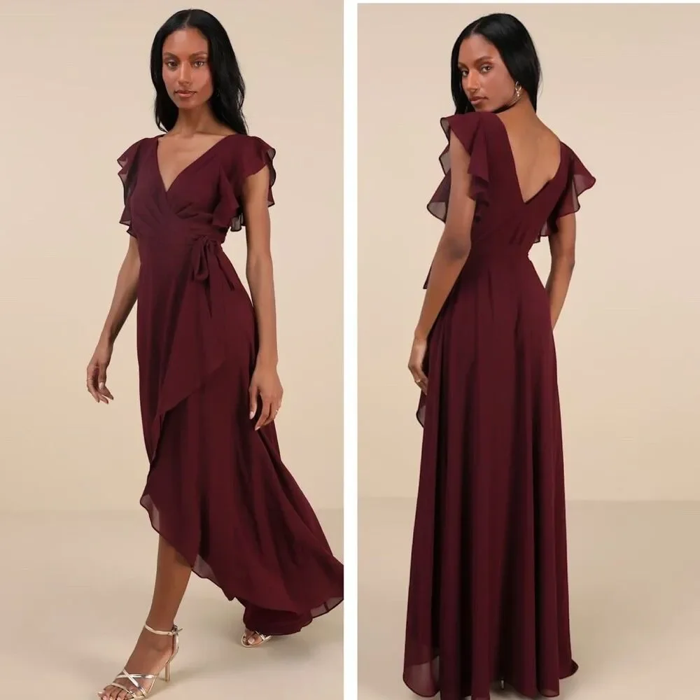 Lulu's Burgundy Ruffled Wrap Maxi Dress - Picture 1 of 8